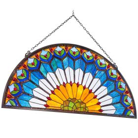 Stained Glass Window Panel, 36 x 18 in, Tiffany Style Hanging Transom Window Panel with Chain, Large Half-Round Stain Glass Hanging