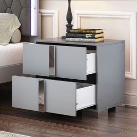 Elegant Nightstand with Metal Foot, Mirrored Bedside Table with 2 Drawers for Bedroom, Living Room, Gray