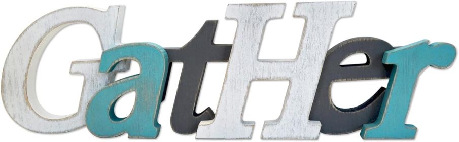 Grey Teal White Gather Signs for Home Decor - Farmhouse Rustic Kitchen Dining Room Freestanding Letters Block 16x5 Inches