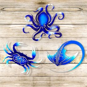 Metal Wall Art Decor Octopus Crab Manta Ray Coastal Nautical Ocean Mother's Day Decor Concise 9'' Set of 3 Hanging Mother's Day Decorations Gift