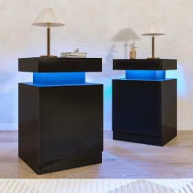 Nightstands Set 2, 15 Inches LED Night Stand Set of 2, Modern Bedside Table with LED Lights, High Gloss Surface, End Table with Storage for Bedro