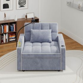 Corduroy Pull-Out Sleeper Chair With Pillow, Brushed Stainless Steel Cup Holder, Phone Stand & Usb Charging Port