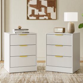 Light luxury style ruffled bedside table, Nordic design with three drawers for storage, golden handles, modern bedroom bedside storage cabinet.