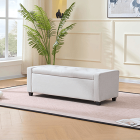 48" Storage Bedroom Bench for End of Bed, Faux Linen Upholstered Storage Ottoman with Arms for Bedroom,Living Room, Entryway, Beige