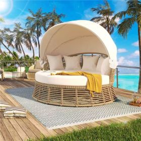 Outdoor Patio Rattan Round Daybed with Retractable Canopy, Wicker Furniture Round Poolside Sofa Sunbed with Removable Cushions, Backyard, Porch
