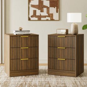 Nordic minimalist ruffled design bedside table with three drawers for large capacity storage. Golden handles for a luxurious look. Bedroom bedsid