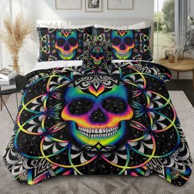 4 pcs Rainbow Sugar Skull Comforter Set, Psychedelic Mandala Skull Bedding Set, Colorful Neon Skull with Geometric Pattern Bedspread