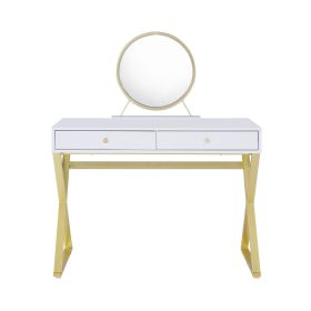 Rectangular Vanity Desk with Mirror and Jewelry Tray, White and Gold