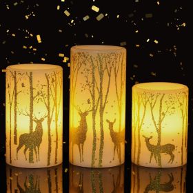 Flickering Flameless Candles Battery Operated with 6 Hours Timer, Real Wax Led Pillar Candles Deer Decal Warm Light, Pack of 3 Christmas Home Dec