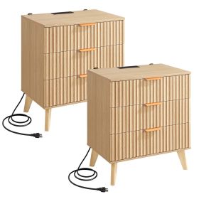 Fluted Nightstands with Charging Station, Set of 2, Dresser for Bedroom with 3 Drawers, Mid Century Modern End Table
