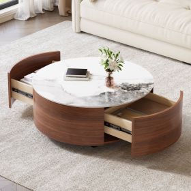 Modern Round Movable Coffee Table with Casters, 2 Drawers, Marble Pattern Sintered Stone Top, Walnut, 29.5"