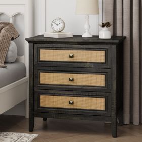 3 Drawer Dresser Rattan Dresser Wood Chest of Drawers Farmhouse Closet Dressers Modern Bedside Table Rustic Nightstand Storage Cabinet for Bedroo