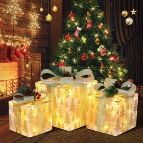 Set of 3 Nesting Christmas Lighted Gift Boxes - Indoor/Outdoor LED Present Decorations with Metal Frame