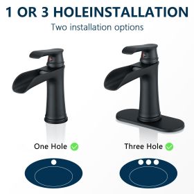 Sink Faucet With Deck Plate Waterfall Black with Pop Up Drain and Supply Lines Bathroom faucets for Sink 1 Hole or 3 Holes One Handle Faucets Van