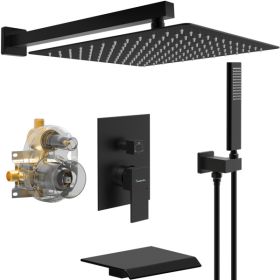 Male NPT Bathtub Shower Faucet Set, Waterfall Tub Faucet with 12-Inch Matte Black Rain Shower Head System