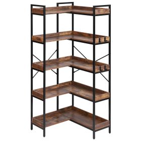 5 Tier Corner Bookshelf with 4 Hooks, 65.4" Tall Corner Bookcase with Heavy Duty Metal Frame & Wooden Shelves