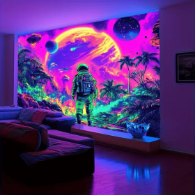 QD_VIVIOS Glow in the Dark Tapestry - UV Reactive Glow Party Backdrop & Space Wall Hanging, UV Activated Astronaut Decor Suitable for Bedroom, Do (size: 70*90in)