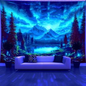 A Large-Sized Fluorescent Printed Tapestry Featuring a Starry Mountain Forest Lake That Glows Under Fluorescent Lights, Perfect for Bedroom Aesth (size: 79*96.4in)
